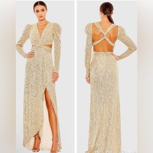 Mac Duggal Metallic Puff Sleeve Front Twist Cut Out Gold Gown Sz 6